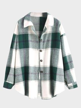 ZAFUL Green and White Oversized Plaid Button-Up Shacket Size s